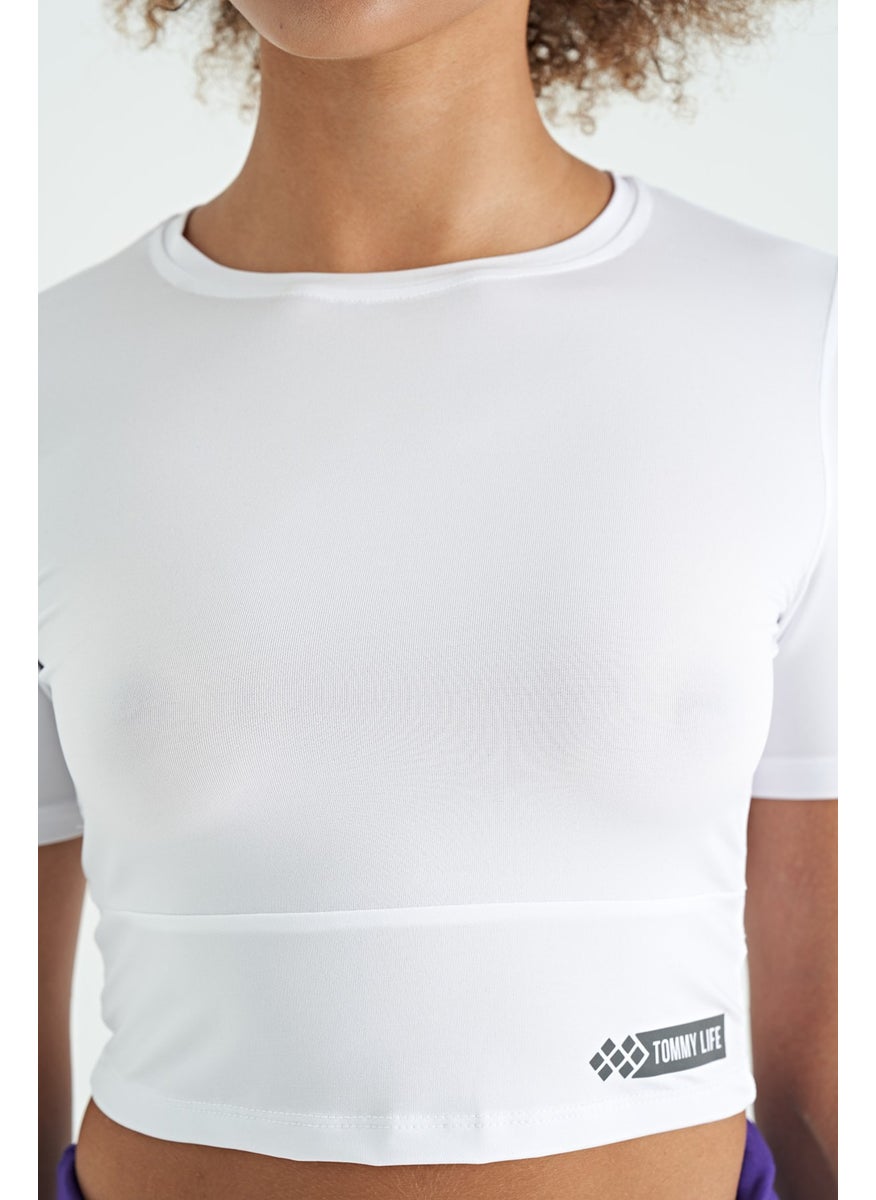 White Backless Standard Pattern O Neck Women's Crop T-Shirt - 97265