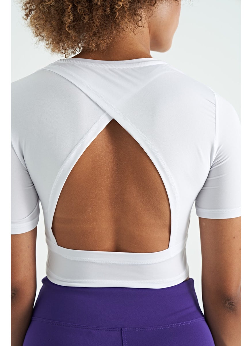 White Backless Standard Pattern O Neck Women's Crop T-Shirt - 97265