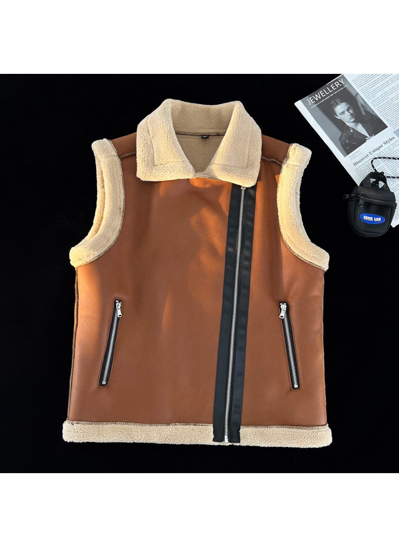 Autumn Winter Womens Fleece Lined Light Warm Cotton Vest D011 Deer Skin Velvet Sheepskin Vest Thickened Jacket Coat Brown