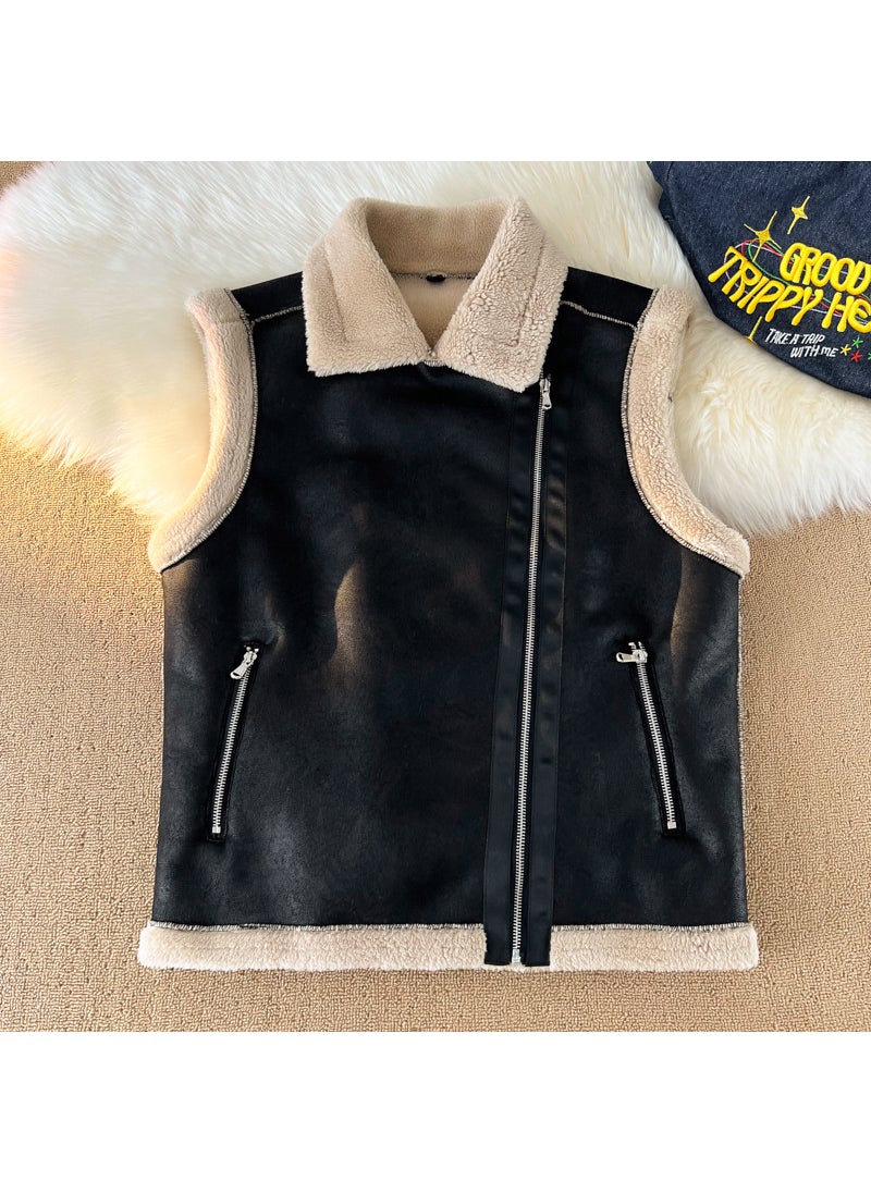 Autumn Winter Womens Fleece Lined Light Warm Cotton Vest D011 Deer Skin Velvet Sheepskin Vest Thickened Jacket Coat Black