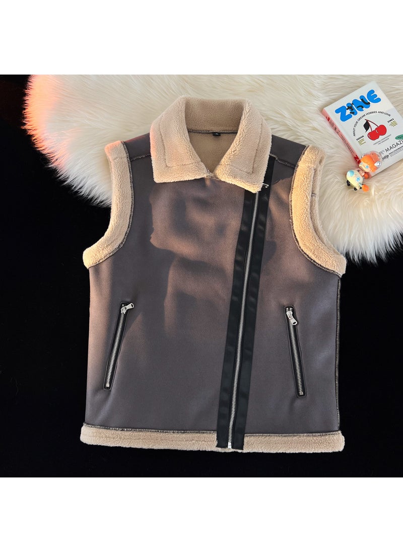Autumn Winter Womens Fleece Lined Light Warm Cotton Vest D011 Deer Skin Velvet Sheepskin Vest Thickened Jacket Coat Grey