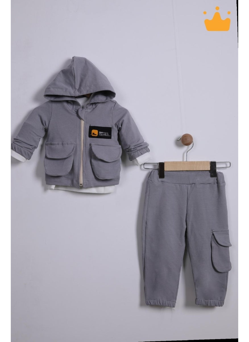 Babyhola 3-Piece Hooded Cardigan Badi Trousers Baby Boy Child Top and Bottom Set