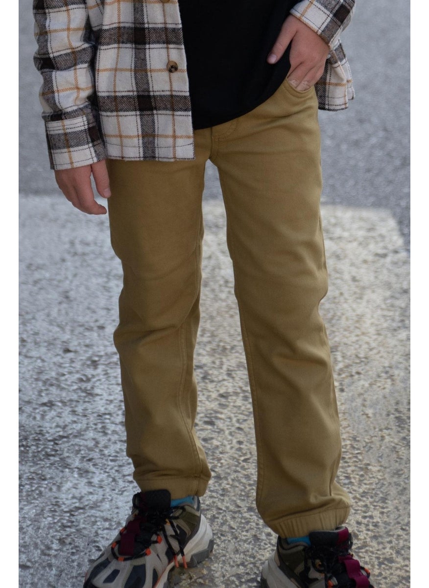 Boy's Trousers with Lace-up Elastic Waist Legs, Age 6-10, Khaki Green