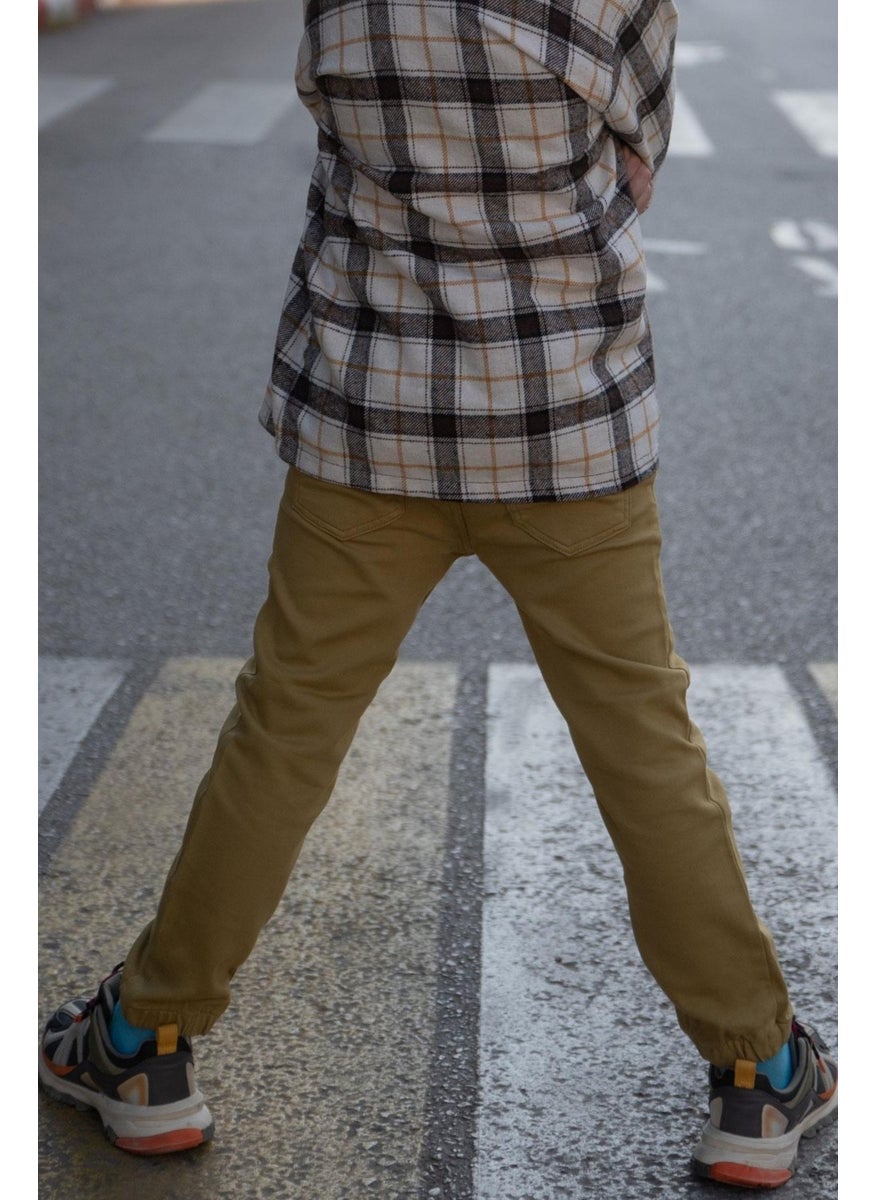 Boy's Trousers with Lace-up Elastic Waist Legs, Age 6-10, Khaki Green