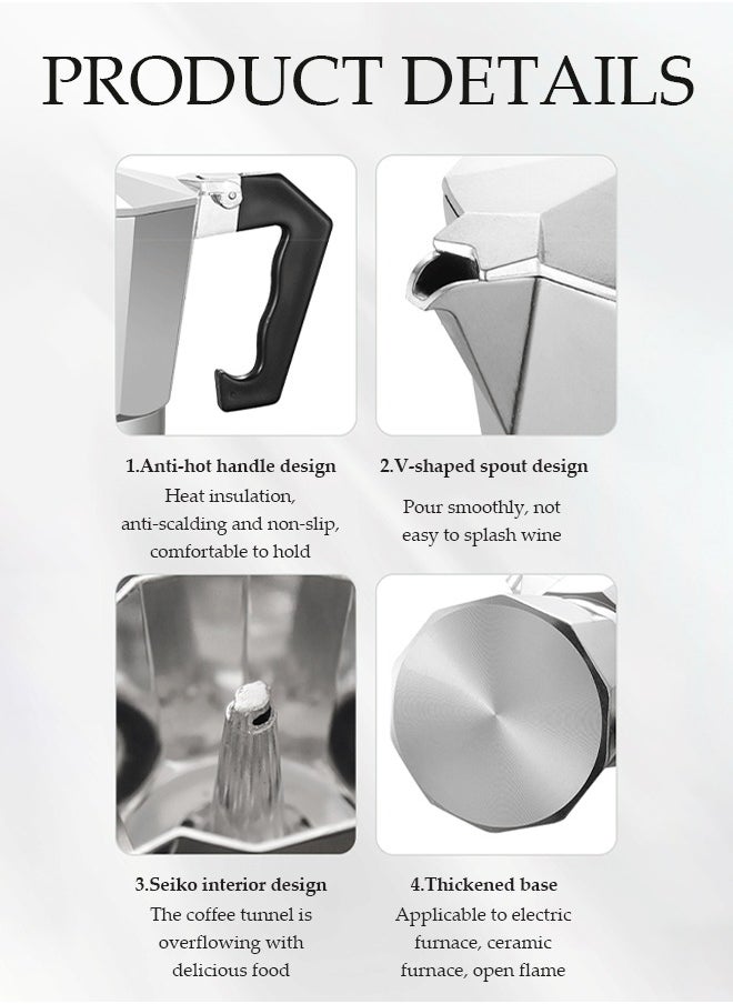 6 Cup Aluminum espresso percolator, portable coffee pot Mocha pot, Moka stove coffee machine,  suitable for home offices，300ML