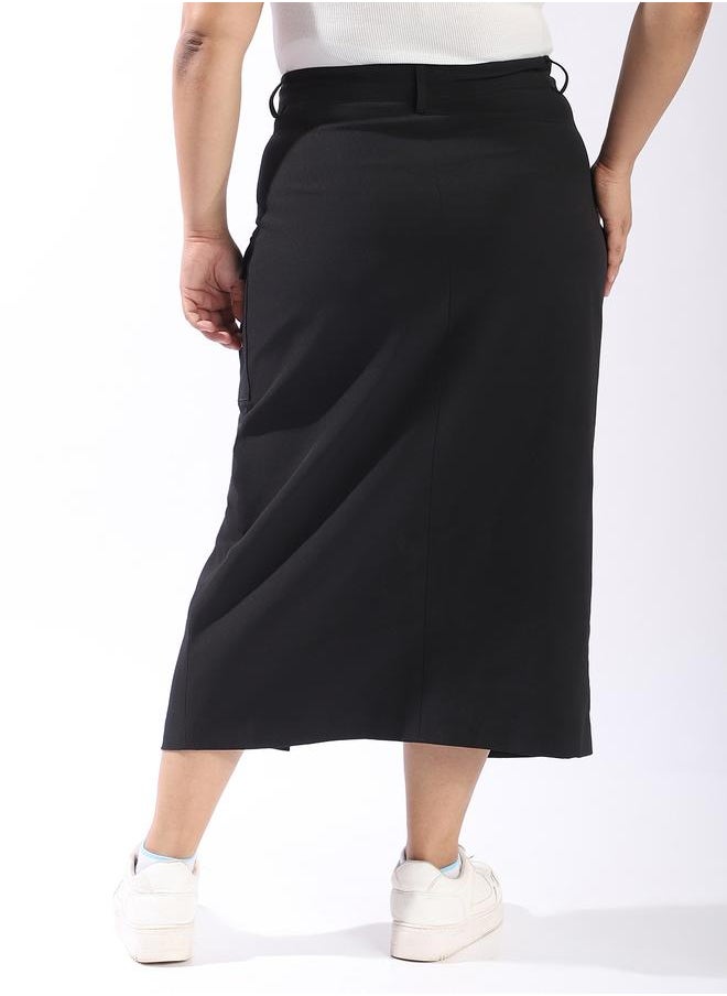 Women's Black 100% Polyester Solid Pattern Midi Plus Size A-Line Tailored Skirt