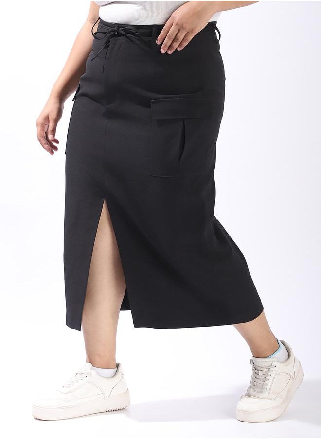 Women's Black 100% Polyester Solid Pattern Midi Plus Size A-Line Tailored Skirt