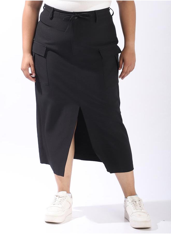 Women's Black 100% Polyester Solid Pattern Midi Plus Size A-Line Tailored Skirt