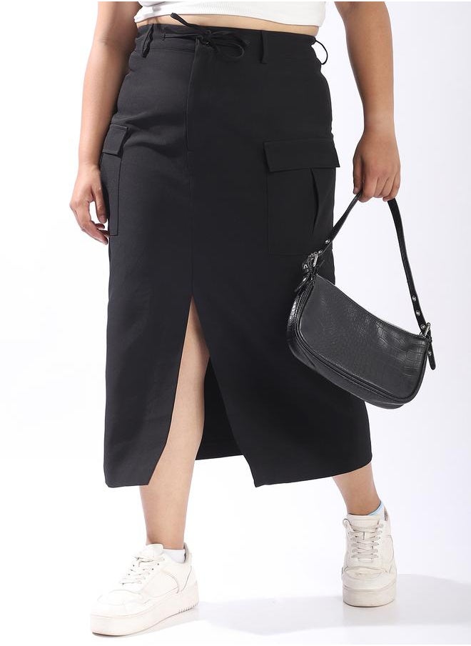 Women's Black 100% Polyester Solid Pattern Midi Plus Size A-Line Tailored Skirt