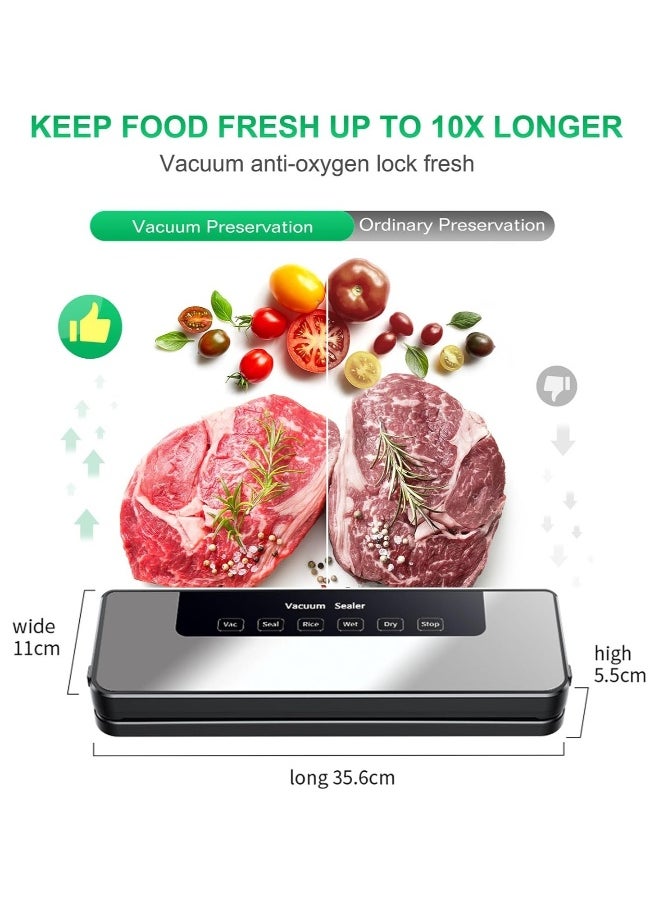 Vacuum Sealer, Food Vacuum Sealer Machine with 65 KPA Powerful Suction, 30MM Longer Seal Food Sealer for Dry and Moist Food Fresh Preservation with 10Pcs Vacuum Sealers Bags
