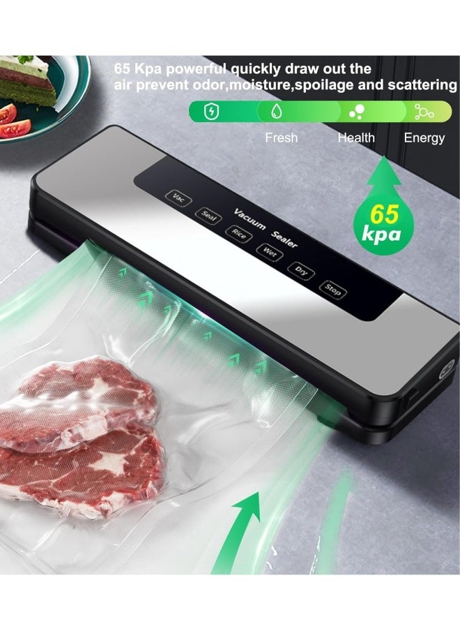 Vacuum Sealer, Food Vacuum Sealer Machine with 65 KPA Powerful Suction, 30MM Longer Seal Food Sealer for Dry and Moist Food Fresh Preservation with 10Pcs Vacuum Sealers Bags