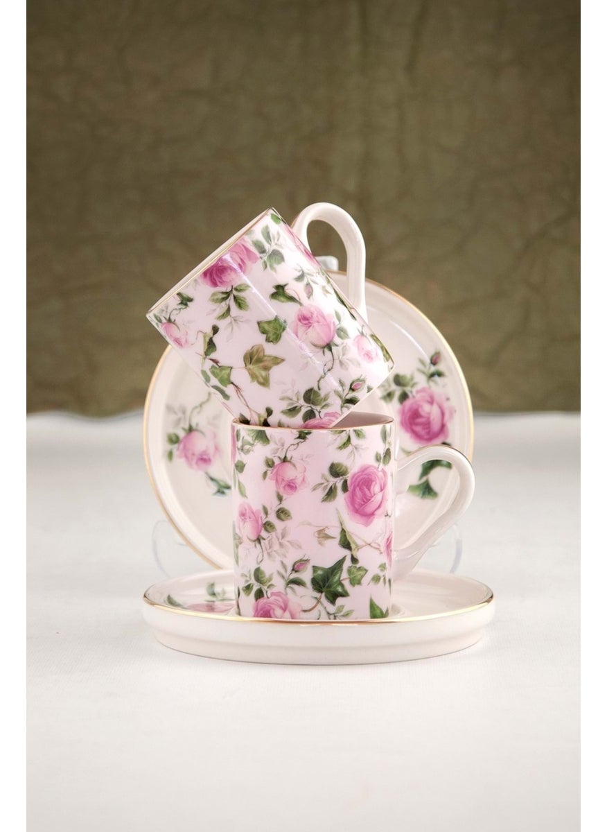 Bursa Porcelain Decor Pink Ivy Gold Coffee Cup Set for 2 People