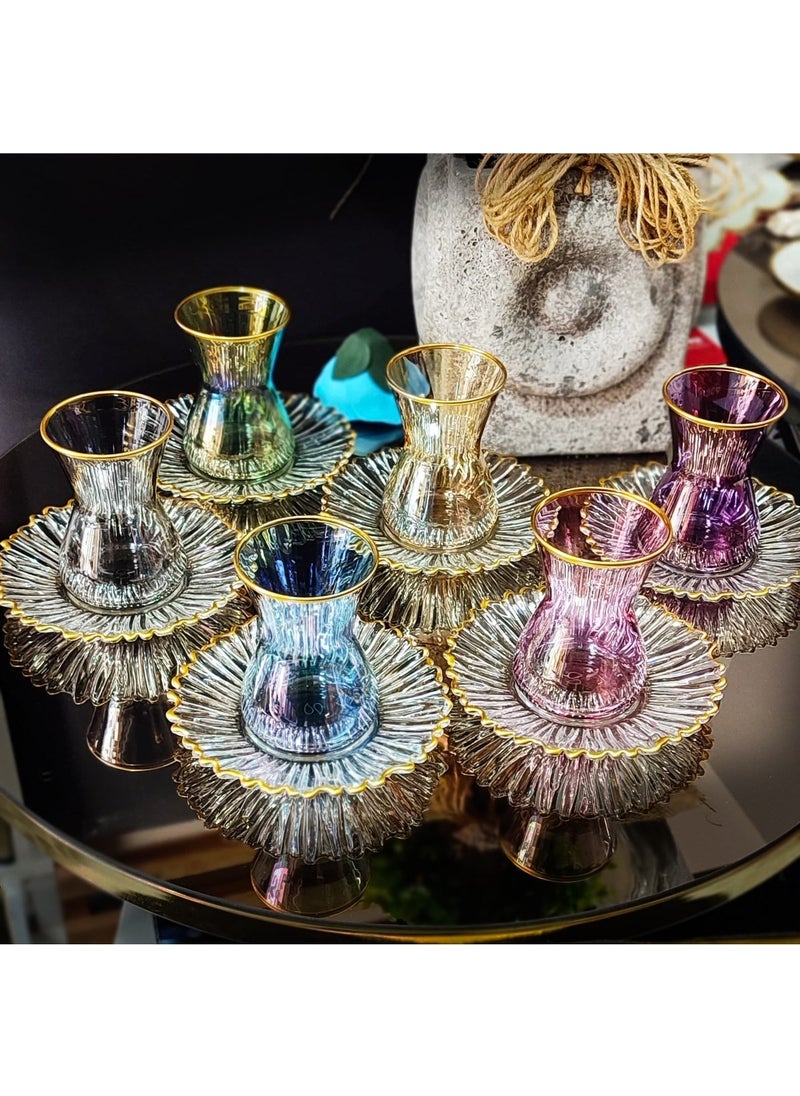 Şelale Rainbow Elit Home Special Design 12 Piece Colorful Gold Detailed Tea Set