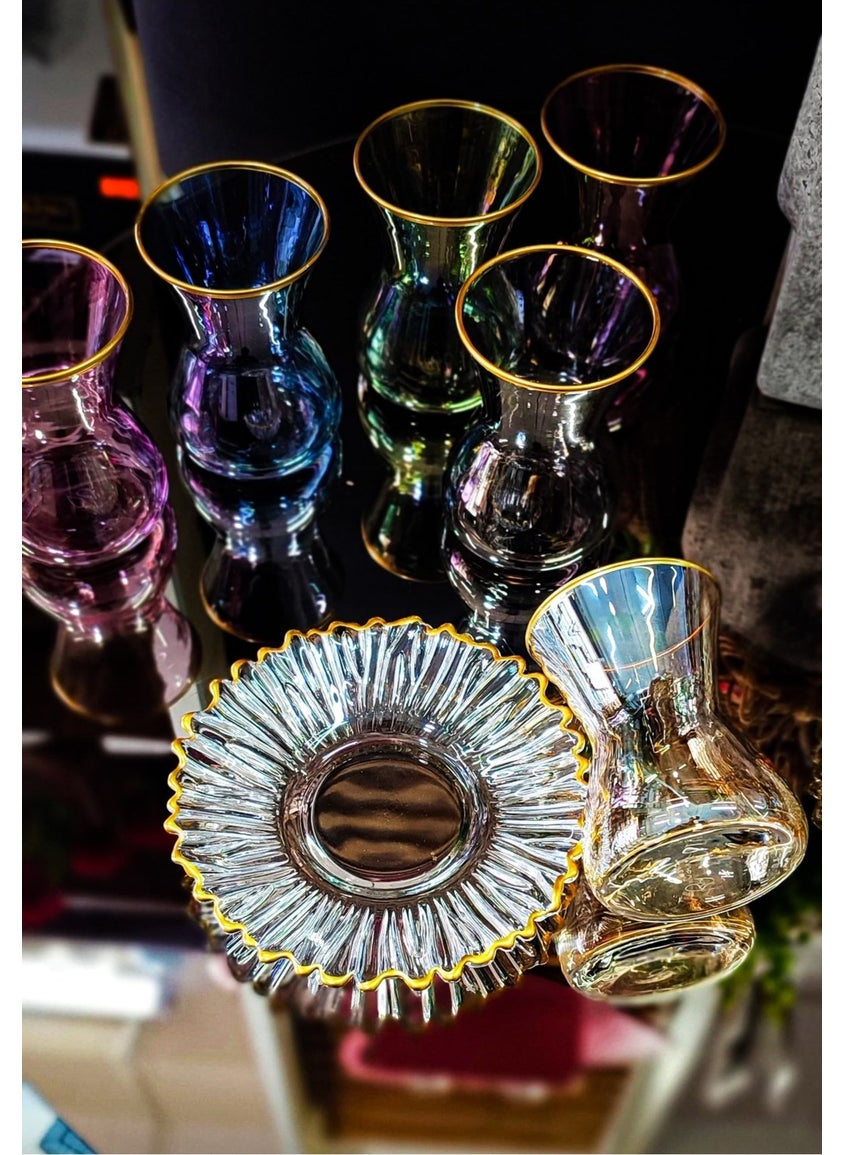 Şelale Rainbow Elit Home Special Design 12 Piece Colorful Gold Detailed Tea Set