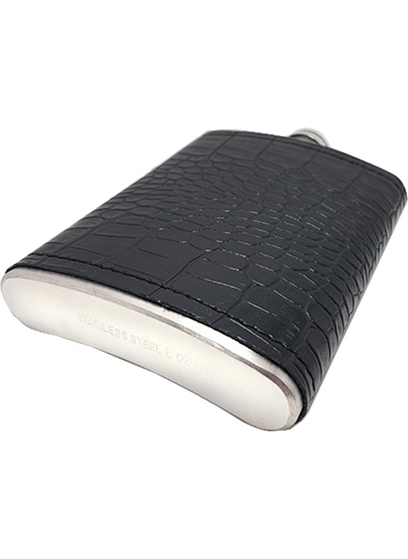 Black Sketch on Steel Leather Covered Liquor Flask Set KB03T