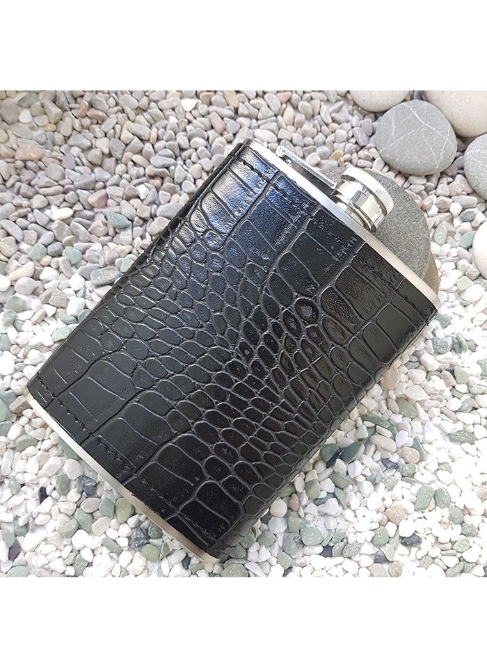 Black Sketch on Steel Leather Covered Liquor Flask Set KB03T
