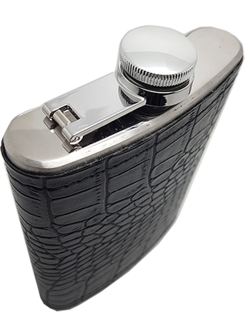 Black Sketch on Steel Leather Covered Liquor Flask Set KB03T