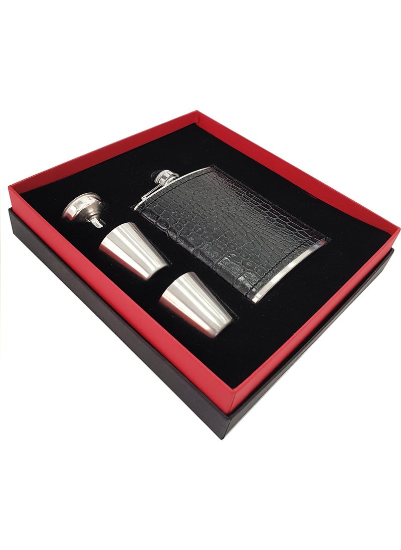 Black Sketch on Steel Leather Covered Liquor Flask Set KB03T