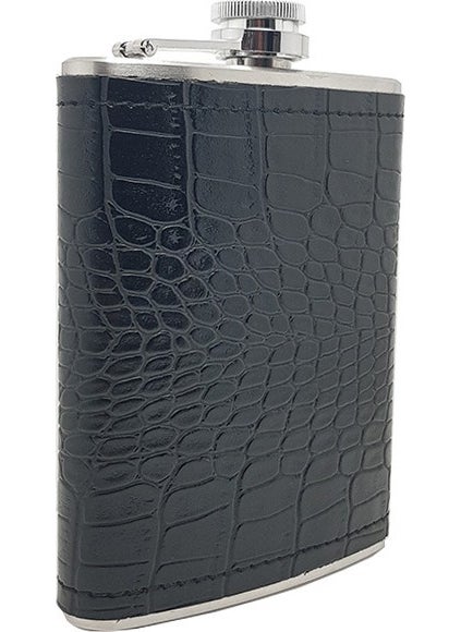 Black Sketch on Steel Leather Covered Liquor Flask Set KB03T