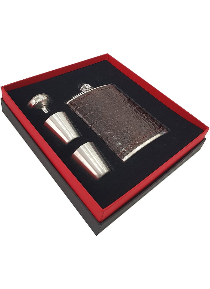Steel Over Brown Sketch Leather Covered Liquor Flask Set KB04T
