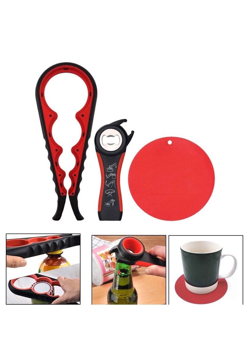 Jar Opener Set Get Off Lids, Five-In-One, Suitable for Family, Friends Gathering, Bars, etc., Anti-Slip Durable Can Bottle Opener, with Opening Pad Bonus Black