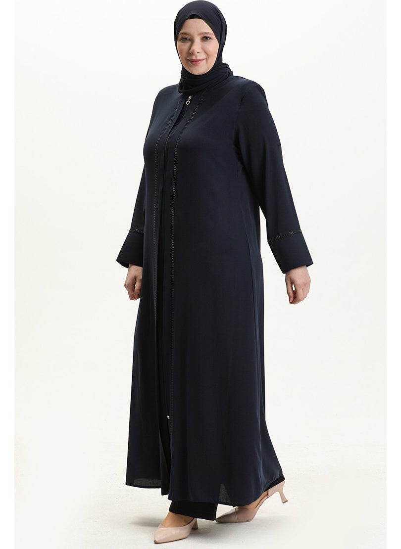 Plus Size Front Stoned Abaya 5050-02 Navy Blue