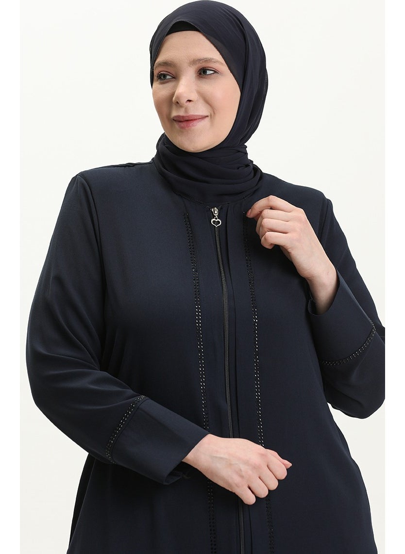 Plus Size Front Stoned Abaya 5050-02 Navy Blue