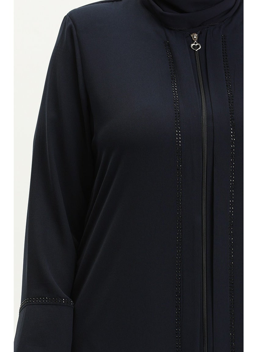 Plus Size Front Stoned Abaya 5050-02 Navy Blue