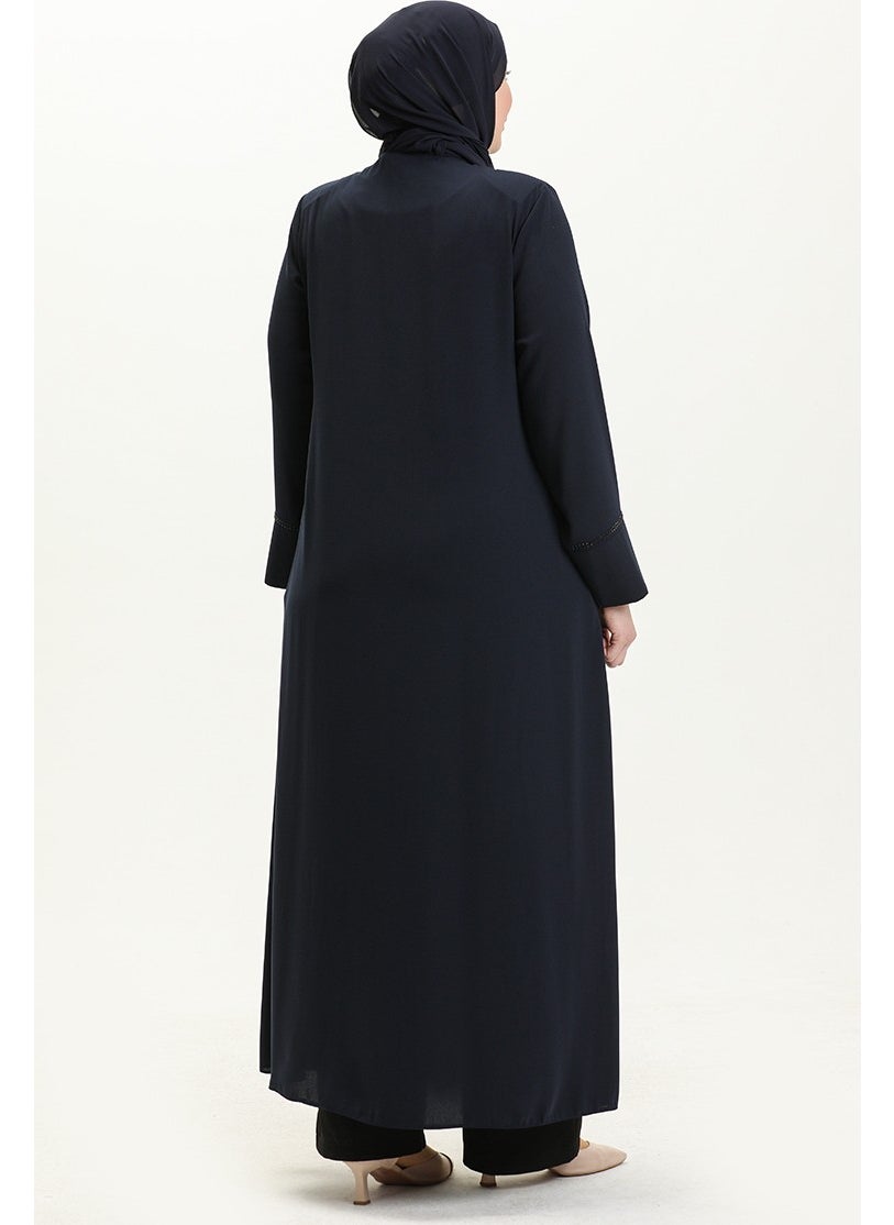 Plus Size Front Stoned Abaya 5050-02 Navy Blue