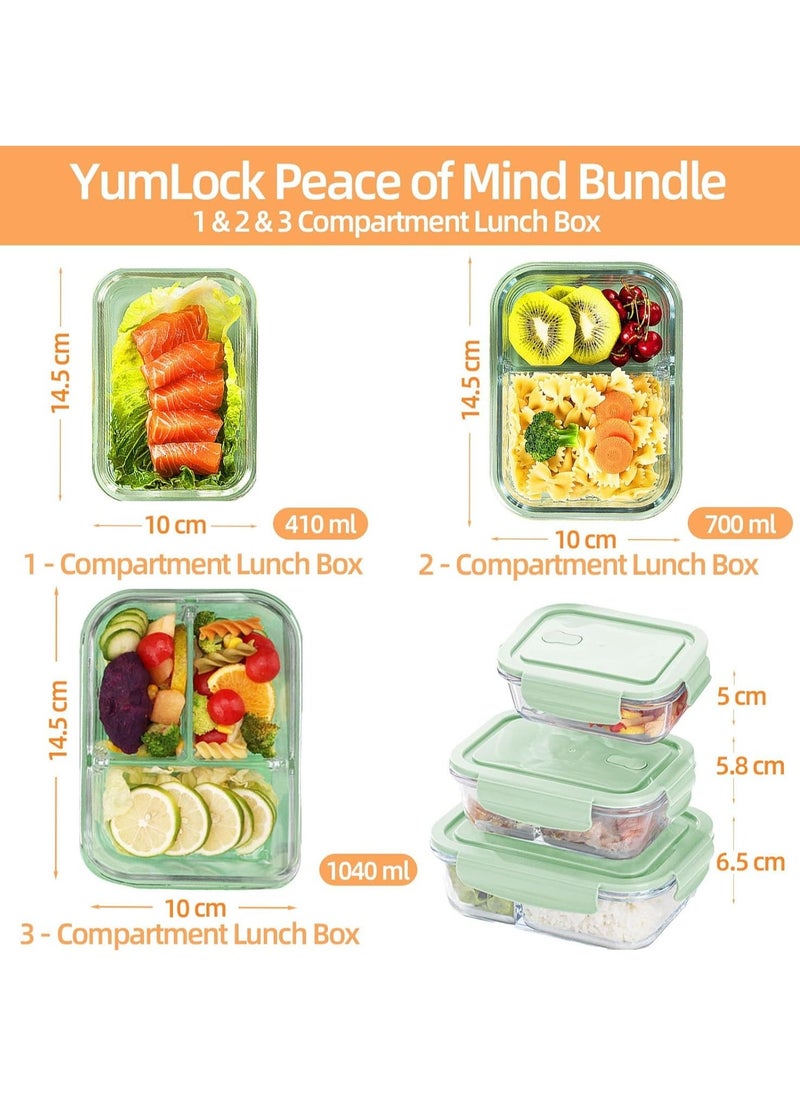 3 pieces glass kitchen meal preparation containers, 410ml, 650ml,960ml with durable lock lids, meal preparation containers, children's and adult glass bento boxes