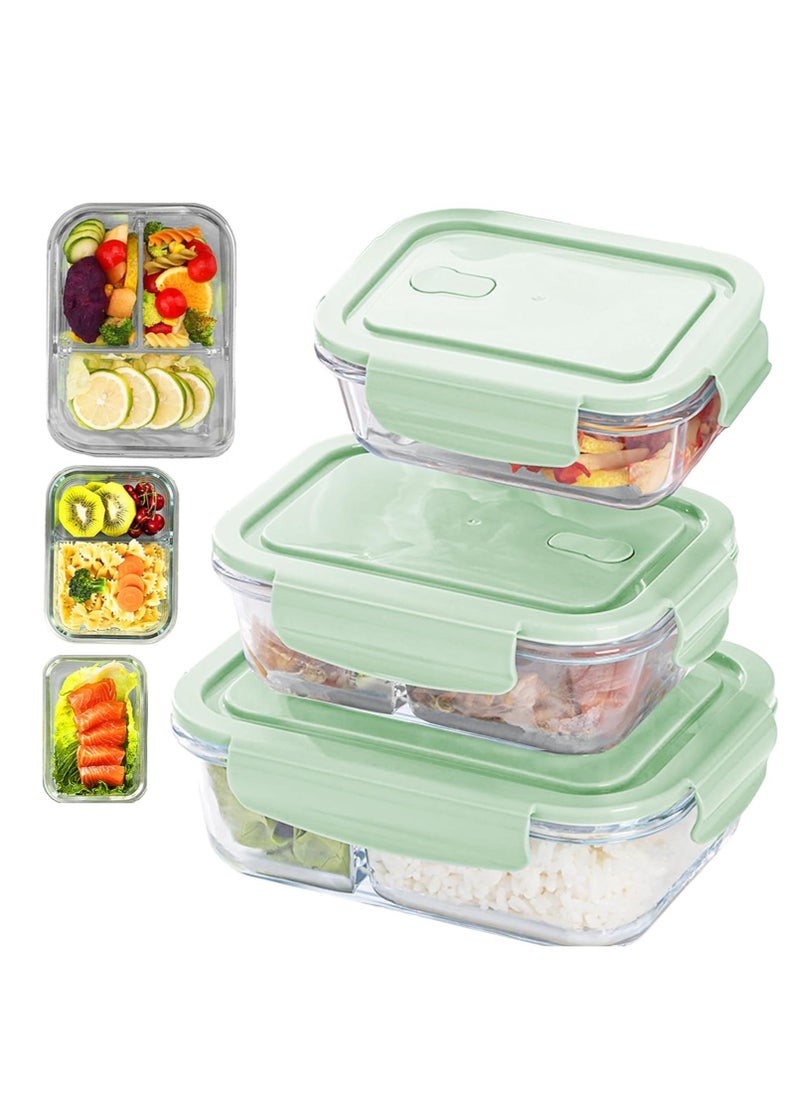 3 pieces glass kitchen meal preparation containers, 410ml, 650ml,960ml with durable lock lids, meal preparation containers, children's and adult glass bento boxes