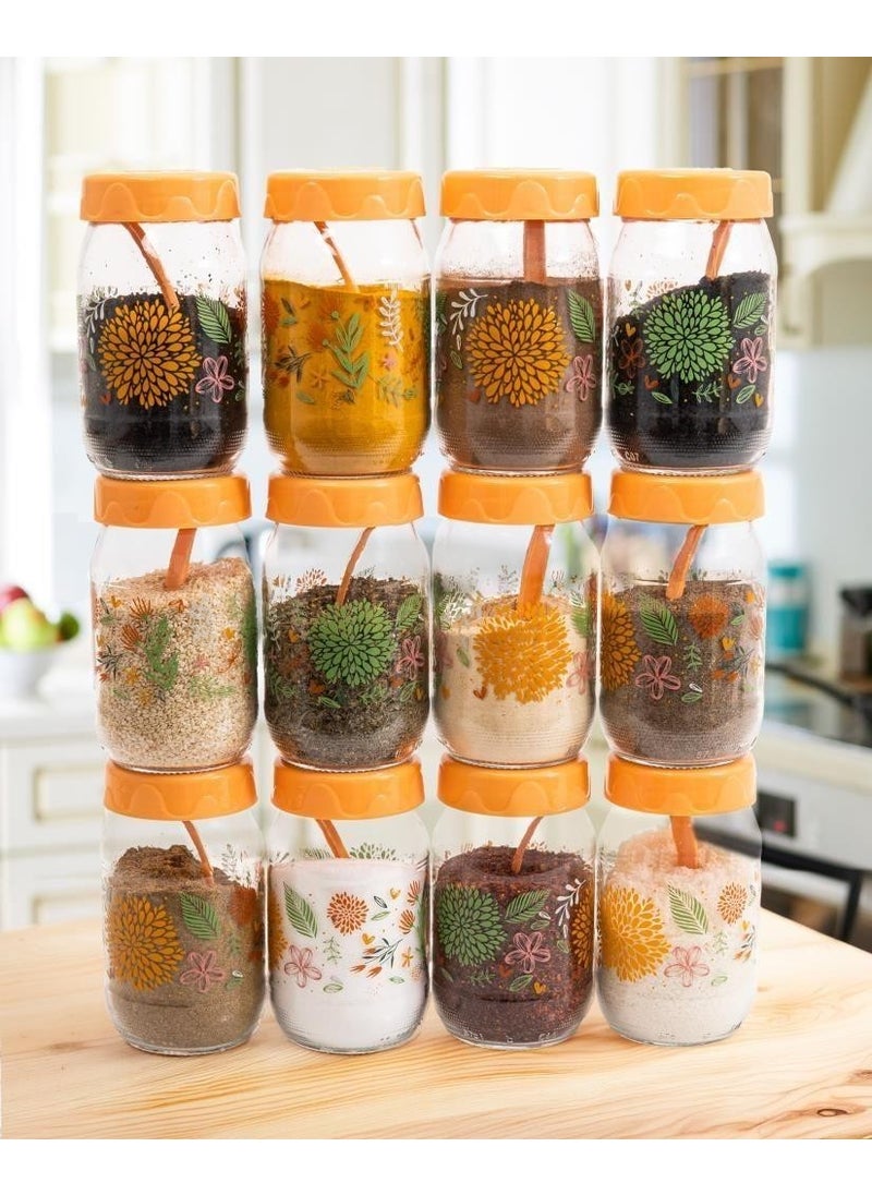 12LI 370 cc Botanical Glass Spice Jar Set-Spice Jar Set-Storage Container-Peach