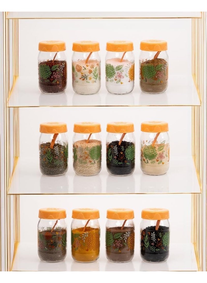 12LI 370 cc Botanical Glass Spice Jar Set-Spice Jar Set-Storage Container-Peach