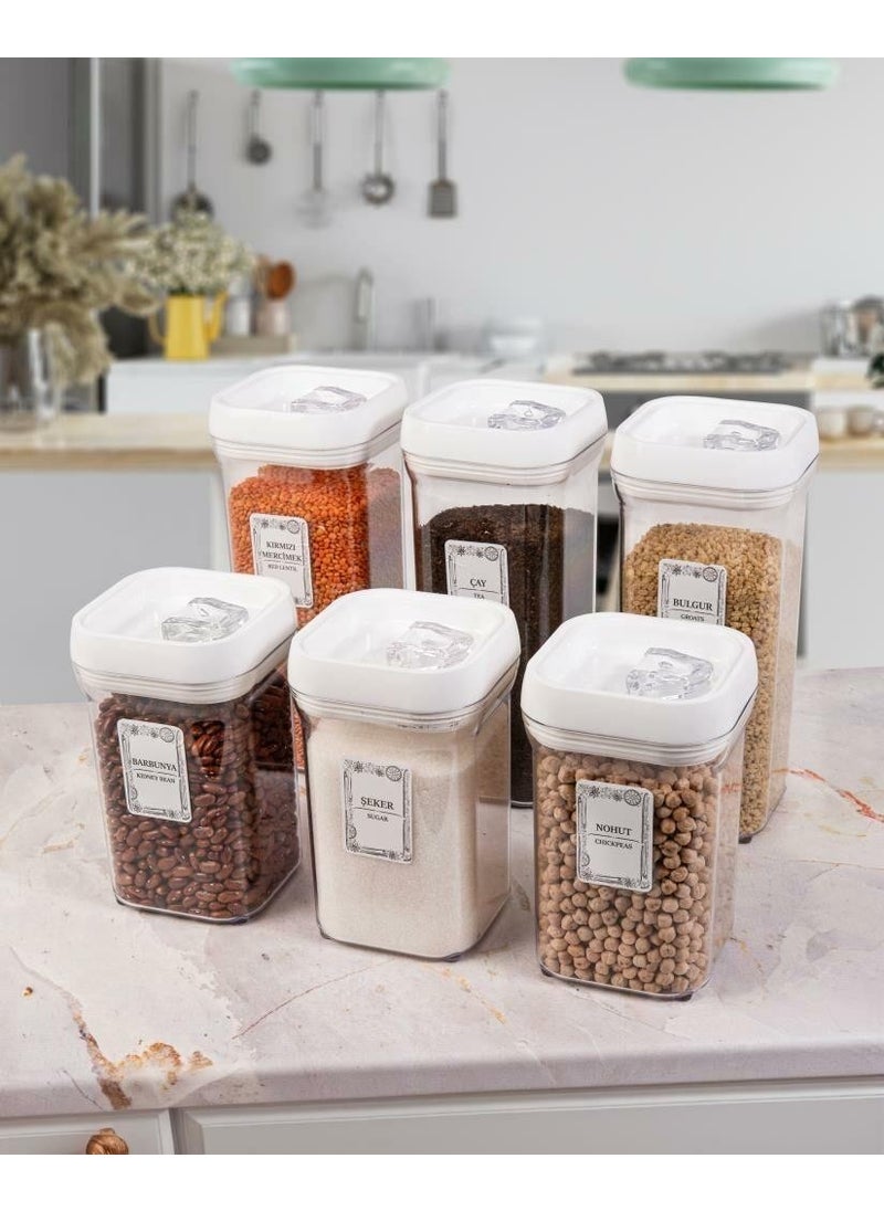 6-Piece Square 1.1 Lt + 1.5 Lt Food Legumes Storage Container Spice Set-White-25 Pieces Labeled