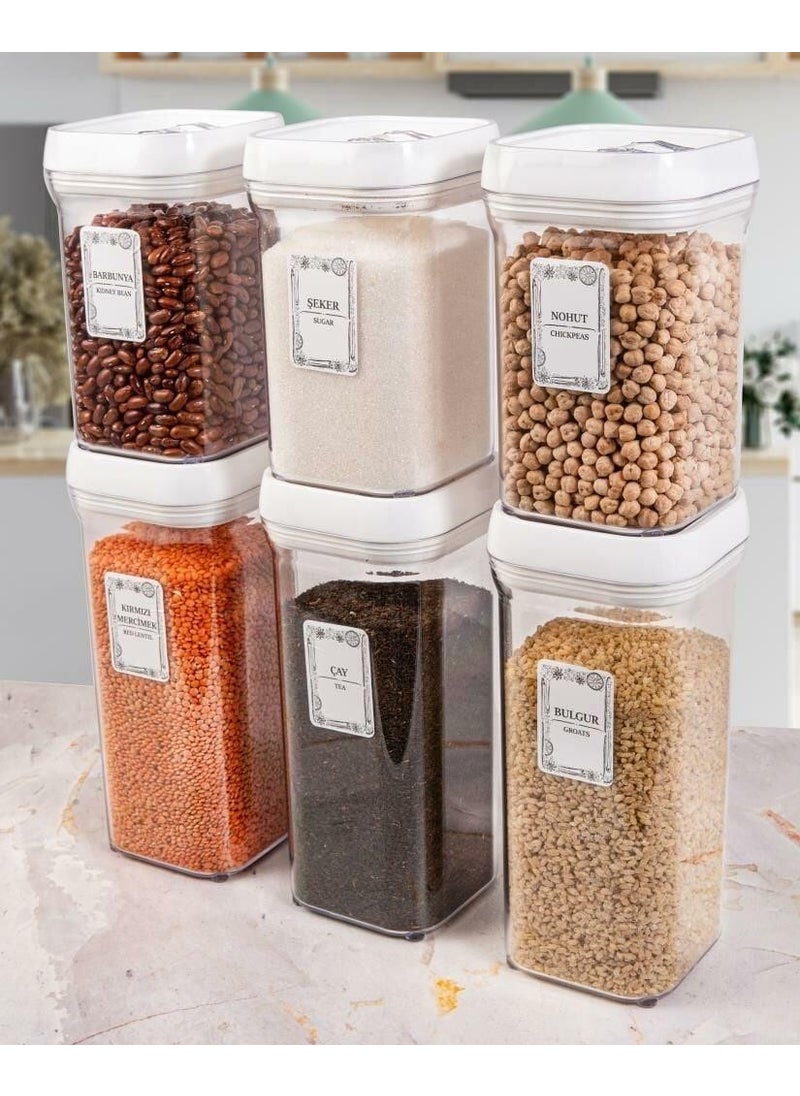6-Piece Square 1.1 Lt + 1.5 Lt Food Legumes Storage Container Spice Set-White-25 Pieces Labeled
