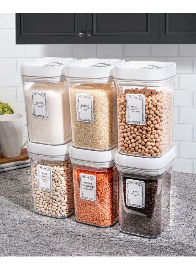 6-Piece Square 1.1 Lt Food Legume Storage Container Spice Dowry Set-White-25 Pieces Labeled