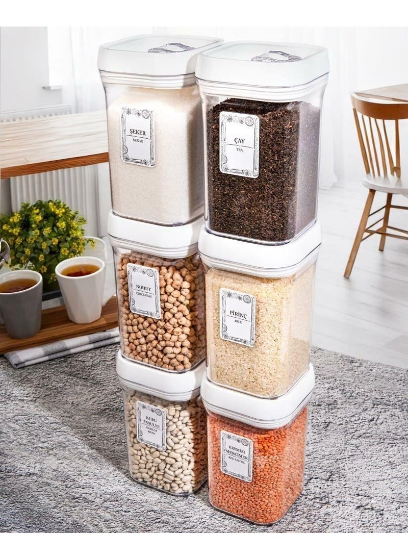 6-Piece Square 1.1 Lt Food Legume Storage Container Spice Dowry Set-White-25 Pieces Labeled