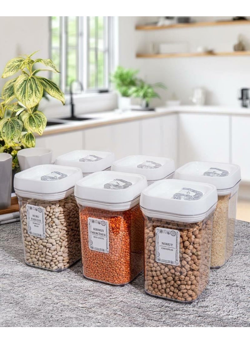 6-Piece Square 1.1 Lt Food Legume Storage Container Spice Dowry Set-White-25 Pieces Labeled