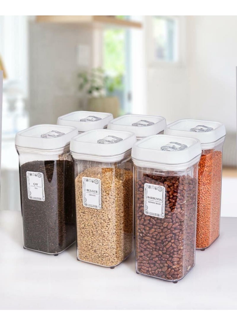 6-Piece Square 1.5 Lt Food Legume Storage Container Spice Dough Set-White-25 Pieces Labeled