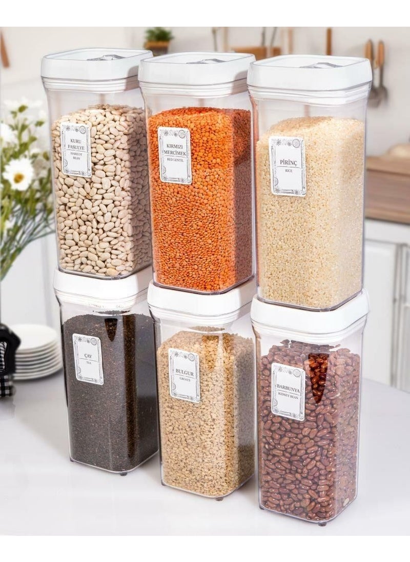 6-Piece Square 1.5 Lt Food Legume Storage Container Spice Dough Set-White-25 Pieces Labeled