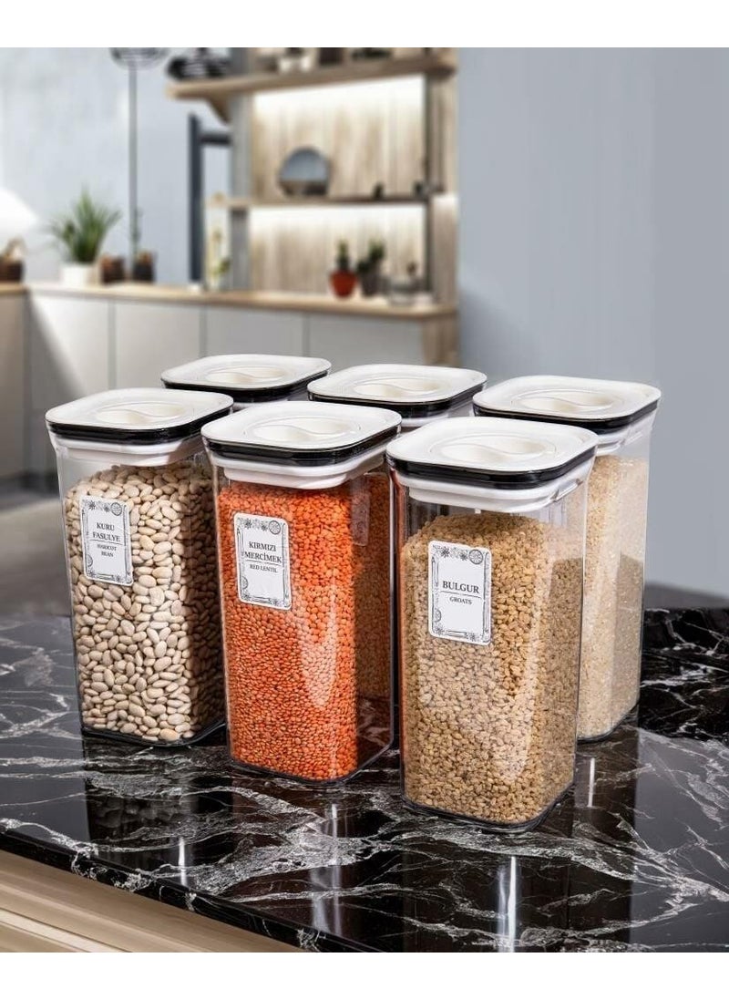 6-Piece Square 1.5 Lt Food Legume Storage Container Spice Doughnut Set-White-25 Pieces Labeled