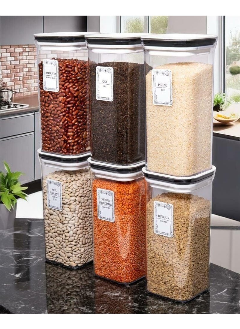 6-Piece Square 1.5 Lt Food Legume Storage Container Spice Doughnut Set-White-25 Pieces Labeled