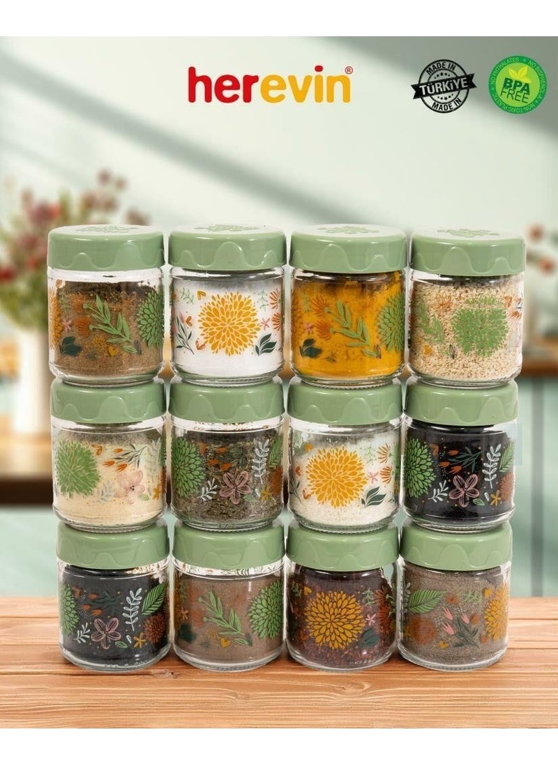 12LI 200 cc Botanical Glass Spice Jar Set-Spice Jar Set-Storage Container-Green