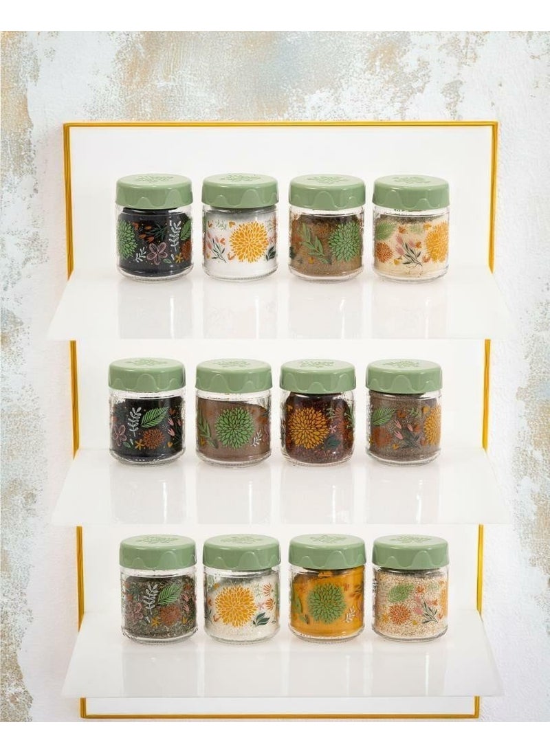 12LI 200 cc Botanical Glass Spice Jar Set-Spice Jar Set-Storage Container-Green