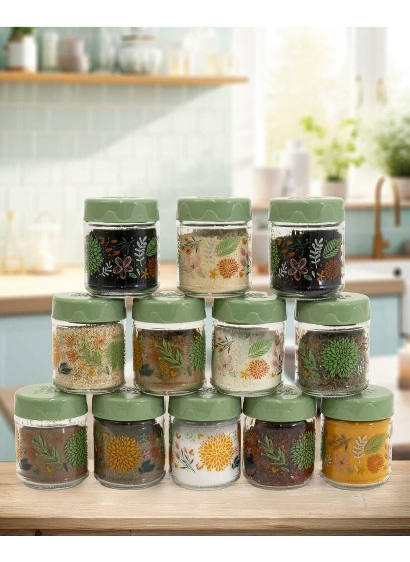 12LI 200 cc Botanical Glass Spice Jar Set-Spice Jar Set-Storage Container-Green