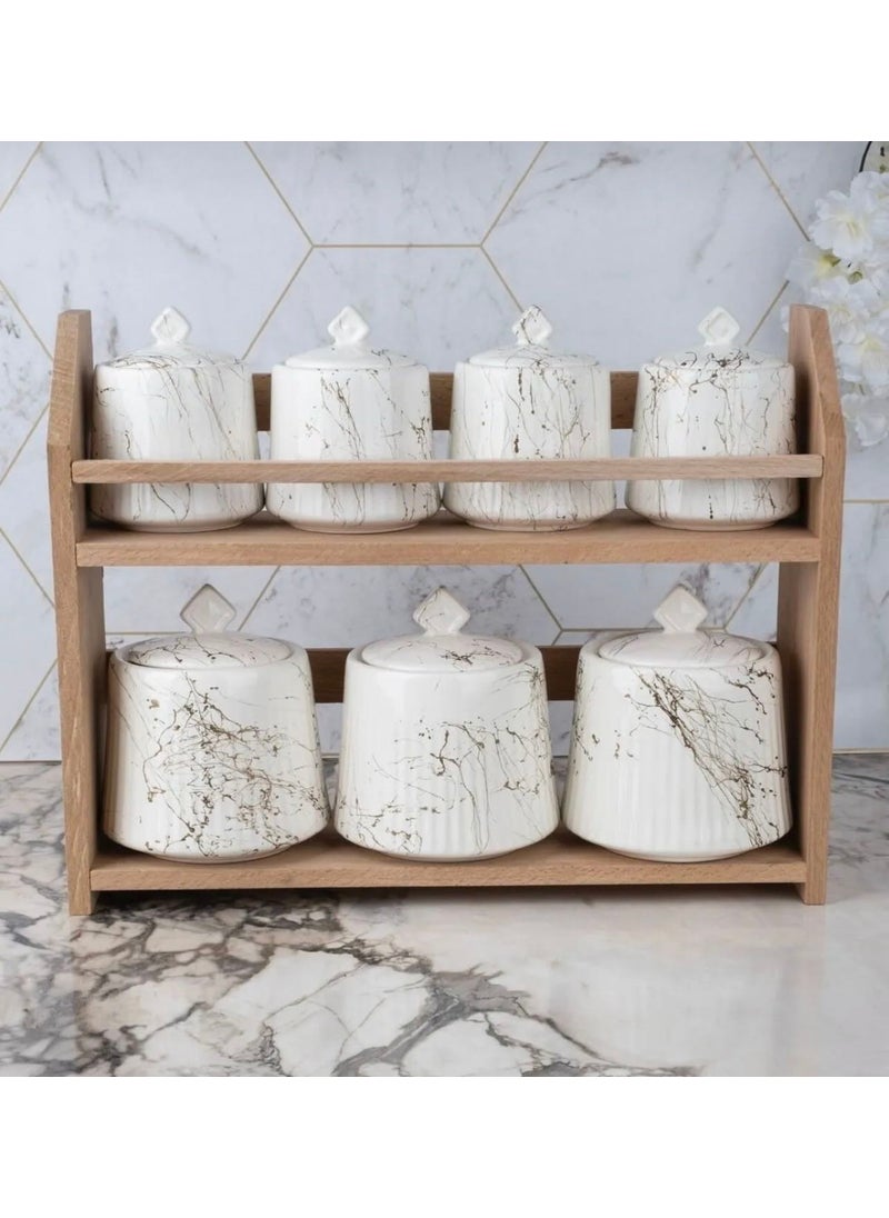 Wooden Stand Marble Patterned 7-Piece Porcelain Spice Storage Jar Set Spice Jar Set