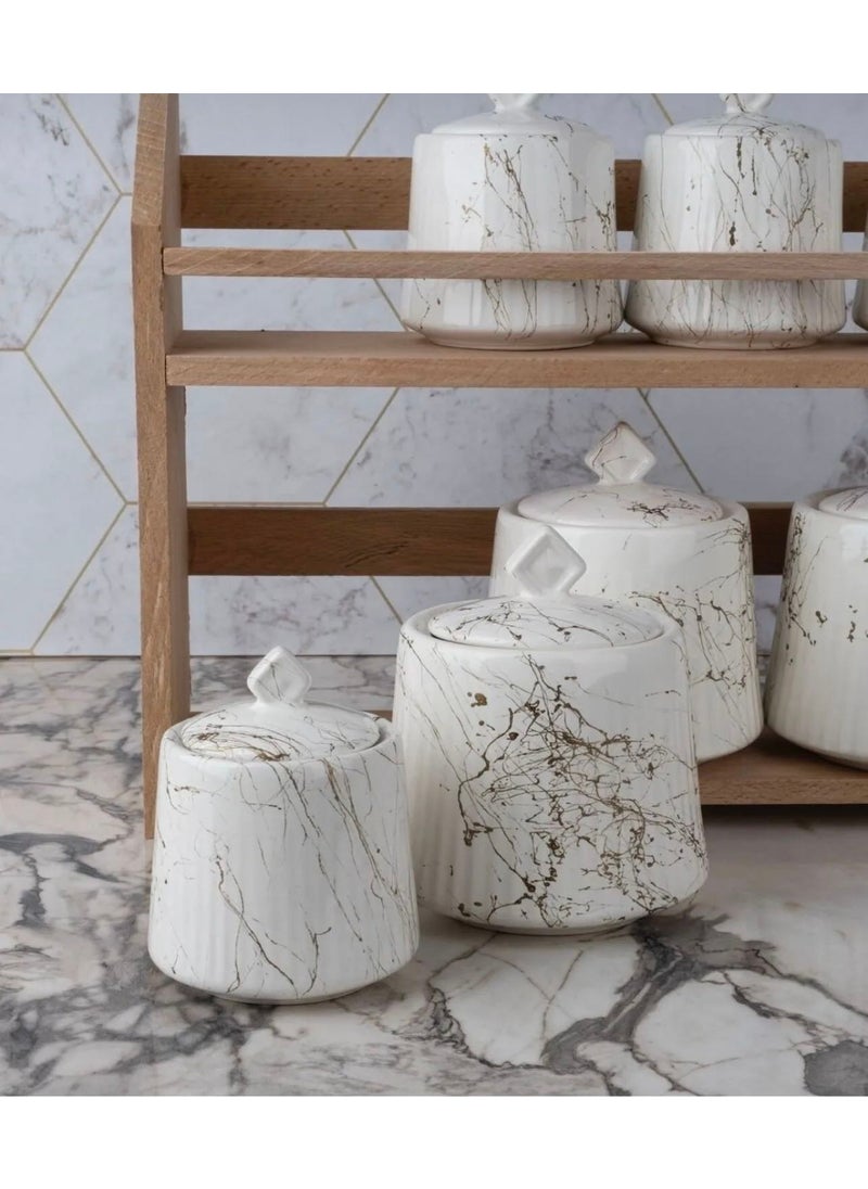 Wooden Stand Marble Patterned 7-Piece Porcelain Spice Storage Jar Set Spice Jar Set