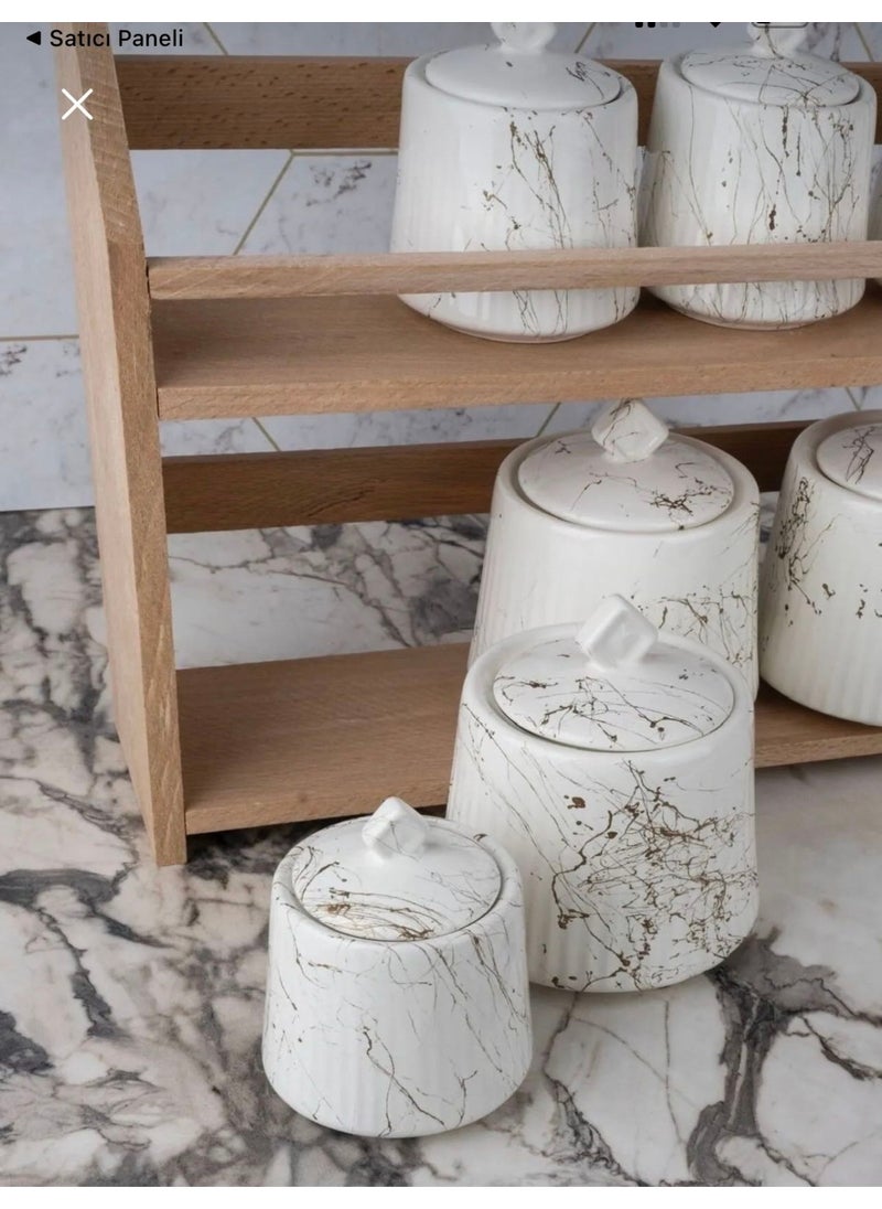 Wooden Stand Marble Patterned 7-Piece Porcelain Spice Storage Jar Set Spice Jar Set