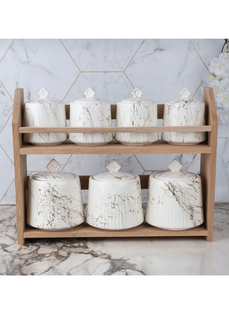 Wooden Stand Marble Patterned 7-Piece Porcelain Spice Storage Jar Set Spice Jar Set