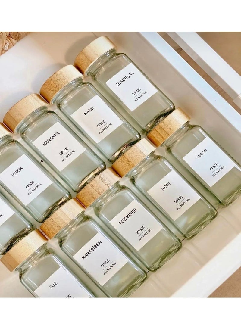 12-Piece Bamboo Lid Labeled Glass Spice Jar Set (With Sprinkle Head)